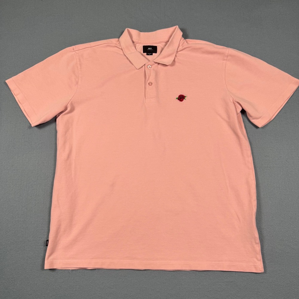 Obey Worldwide Mens Rose Embroidered Polo Shirt Salmon Pink Large Streetwear